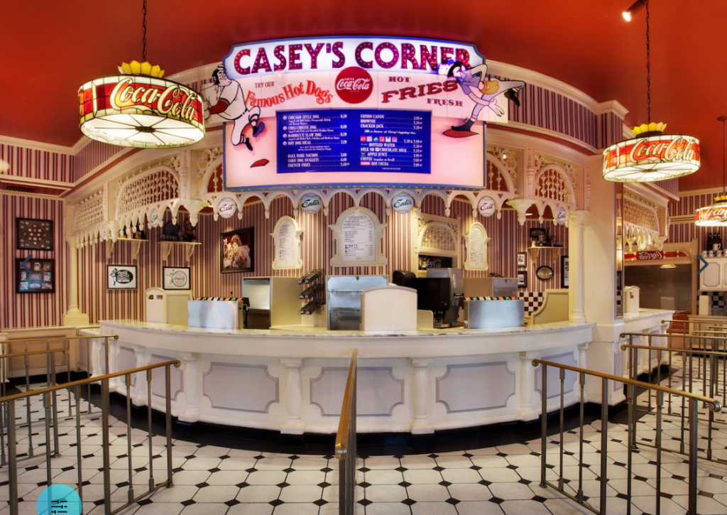 Inside Casey's Corner, where you can get the Corn Dog Nuggets, a kid-friendly Disney snack