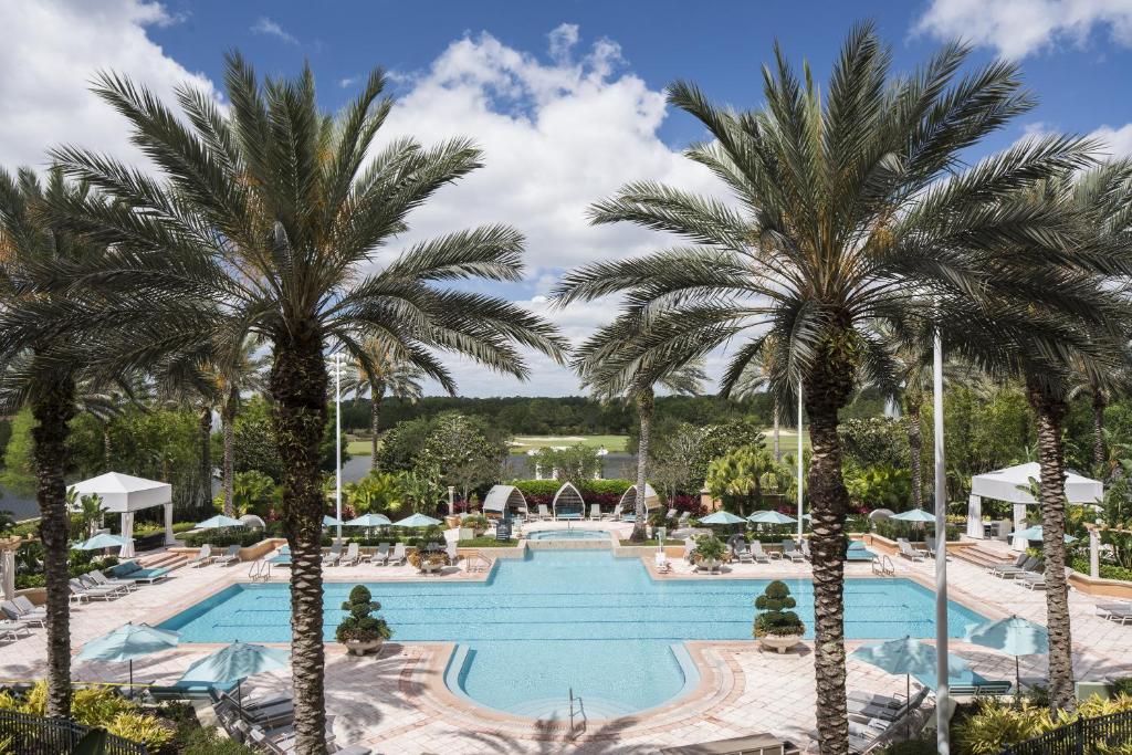 Hotel pool with palm trees around it in a beuatiful setting. the article is about Orlando hotels with Disney shuttles. 
