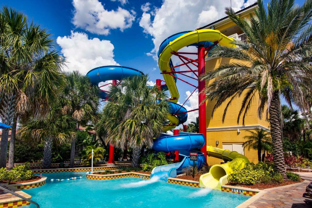 Water slides at the FantasyWorld hotel. The slides come out into a poola nd are surrounded by palm trees. 