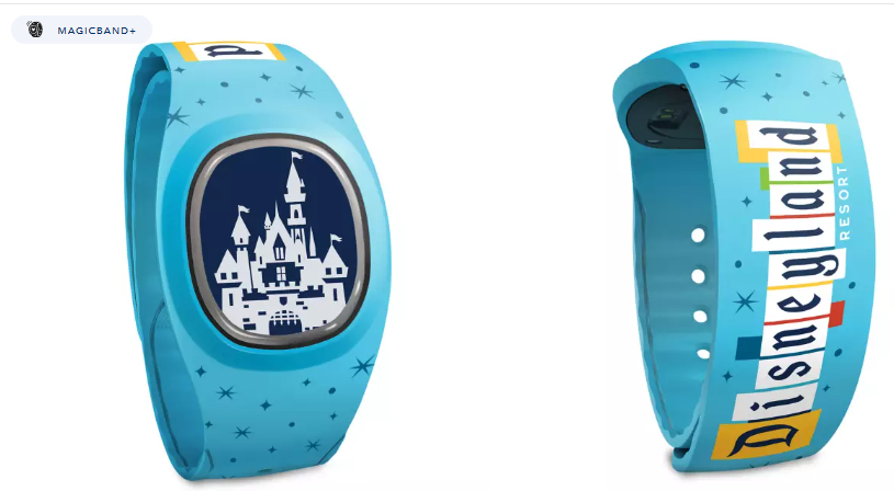 bright blue magic bands with disneyland castle and marquee