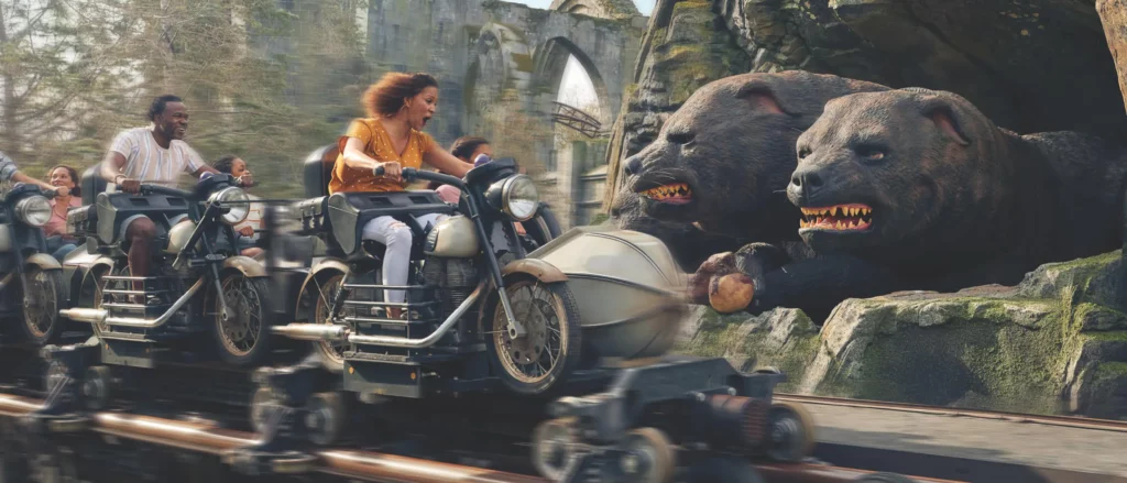 Hagrid's is one of the best rides in Orlando theme parks for both its theming and thrills: the magical world is something to enjoy, as seen with a great three headed dog in this photo-- but the bike features makes the ride feel unique.