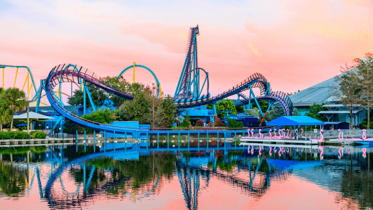 At sunset, one of the best rides in Orlando theme parks looks bright against a cotton candy sky. The purple track and high drops of Mako loop against the sky. 