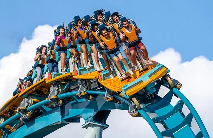 Guests stand in rows of two on this new surf coaster at SeaWorld Orlando! It makes you feel like you're surfing! 
