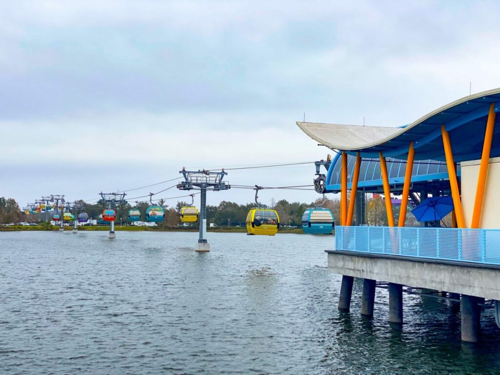 cords and station over water for Skyliner gondolas at the best Disney value resorts