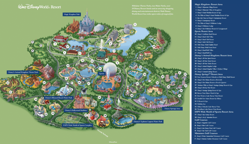 A full map of Walk Disney World shows how expansive this park is: with four parks, a water park, resorts, shops and dining, and more, you need a few days to explore here.