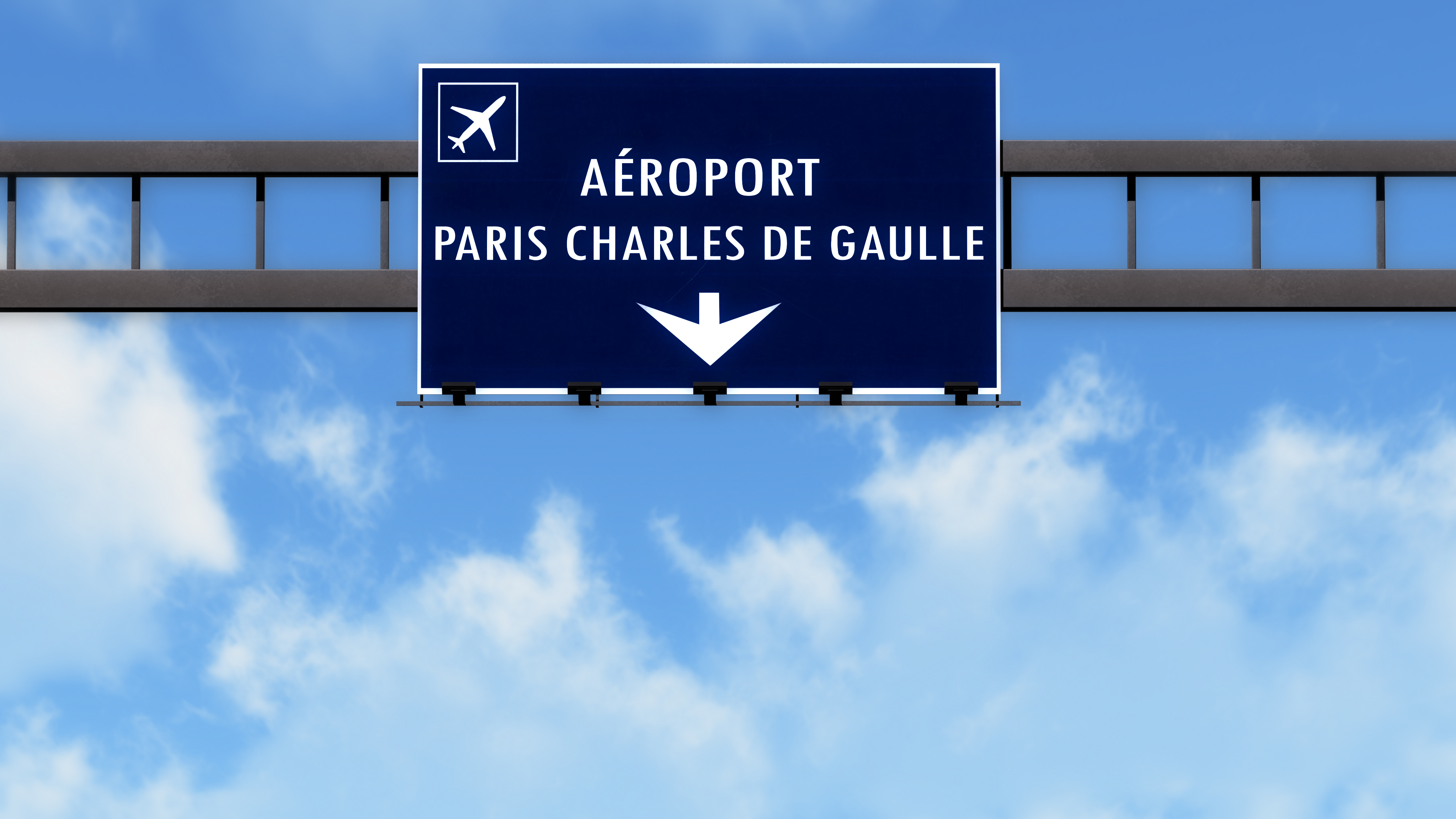 blue and white airport sign Charles de Gaulle airport in French 