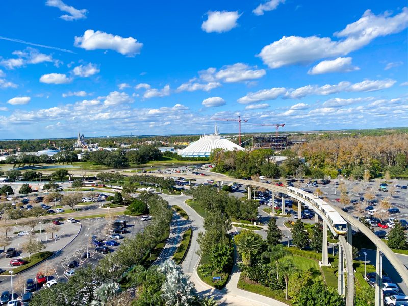 An overhead view shows the parking and monorail situation of parks: getting from Epcot to Hollywood Studios is easy, but parking can be hard on busy days with lots of cars in the lots. 