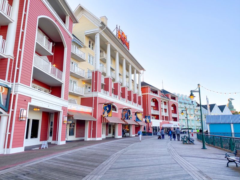 The boardwalk is full of great restaurants, brightly colored buildings, fun hotels, and a sneak pathway to get from two certain parks! 