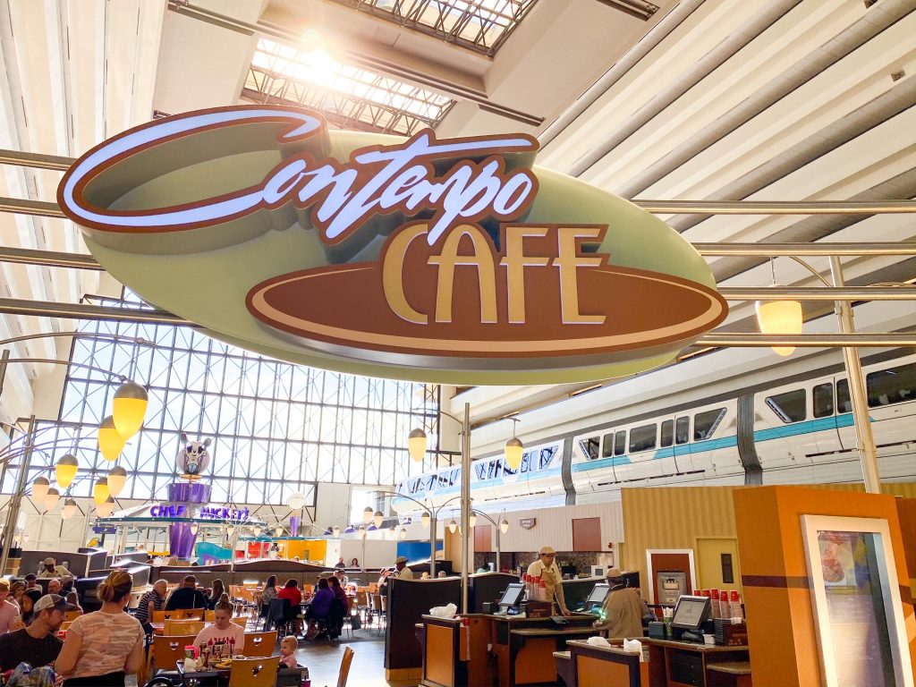 The monorail is seen cutting through the contemporary cafe, which his a restaurant in the resort of the contemporary. 