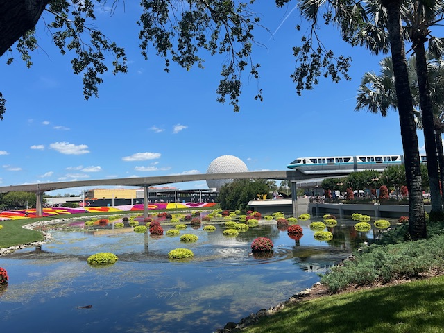 scenic view of water, flowers, and spaceship earth and monorail Epcot for adults