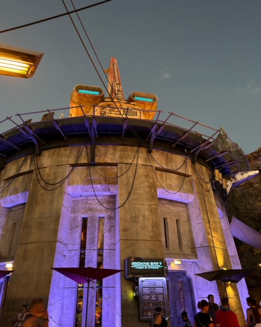 futuristic concrete building lit up with purple lights at galaxy edge Hollywood Studios for adults