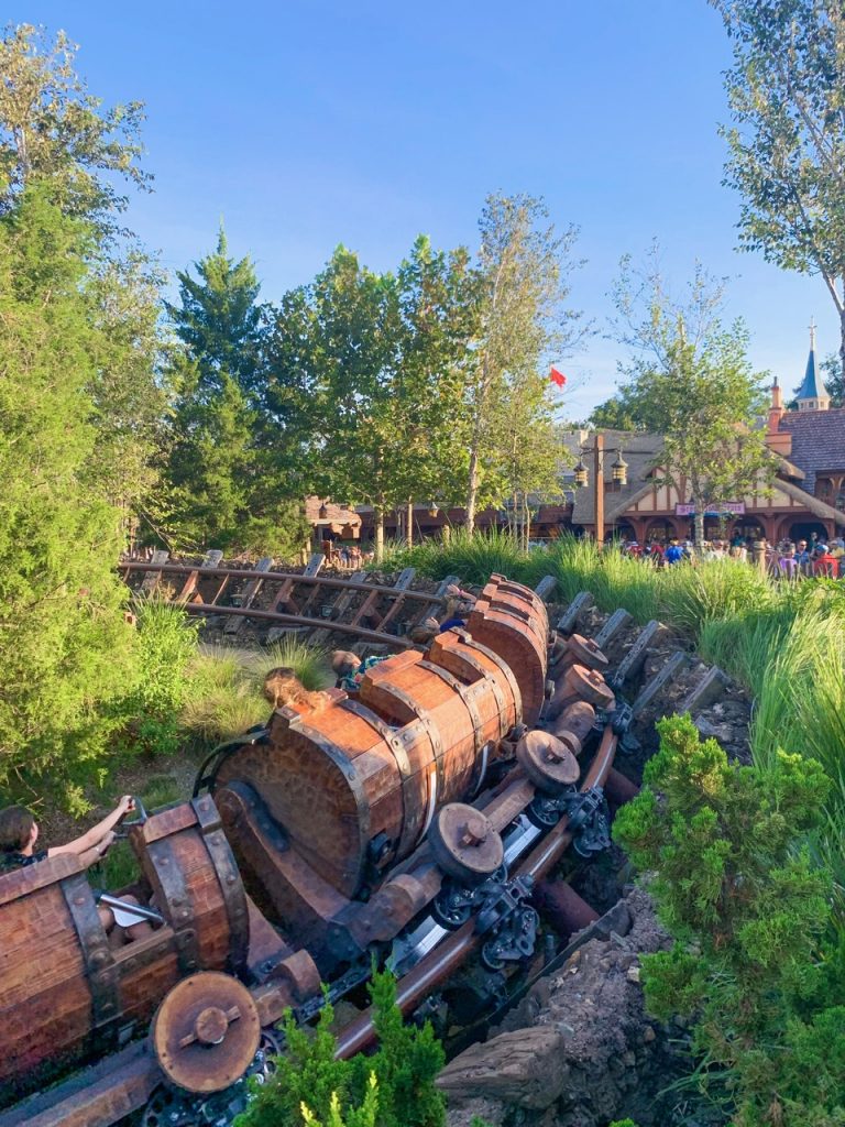 As the Seven Dwarfs Mine Train comes around the bend, people throw up their hands in excitement on this coaster. 