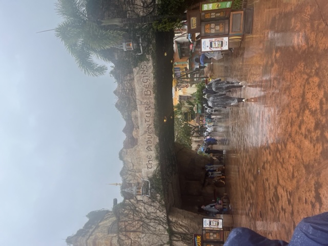 The area in front of Islands of Adventure marks "The Adventure Begins" even being in Universal Orlando in the rain! This is scene with the great, slippery floor. 