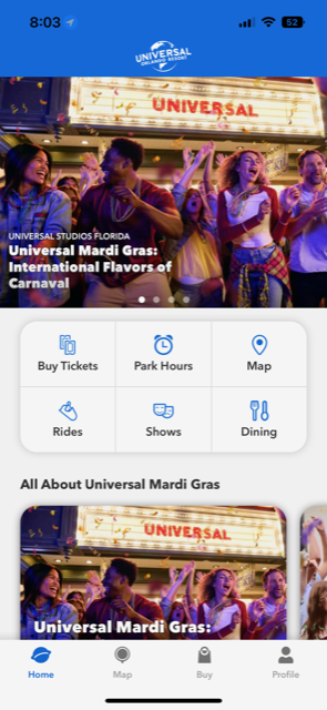 A screenshot of the Universal Orlando Report App shows options fo buying tickets, park hours, maps, rides, show times and dining options. 