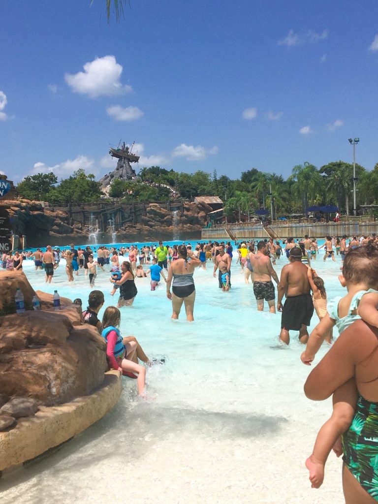 people in bathing suits in wave pool in from of blue sky and rock work 