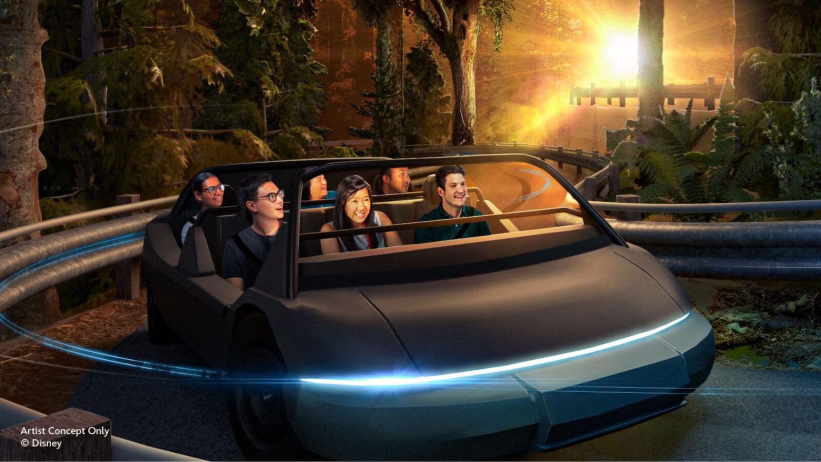 artist rendering of people in vehicle with trees behind them