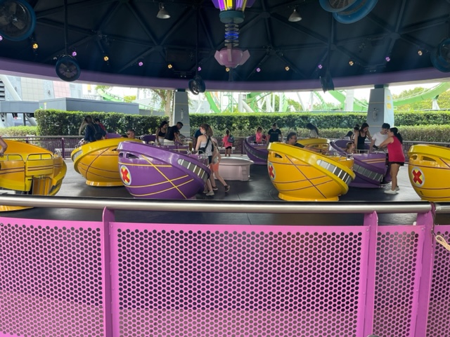 Guests load into the spinning t-cups of Storm's ride: this is one of those rides that you'll need motion sickness help on, so invest in some patches, as suggested in our list of things to buy from amazon for Universal Studios. 