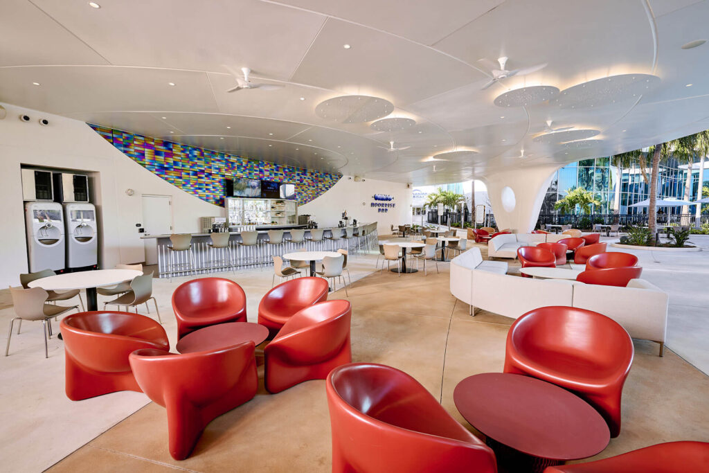 The Cafe at Terra Luna is welcoming with huge seating and bars and freestyle coke machines all for you!