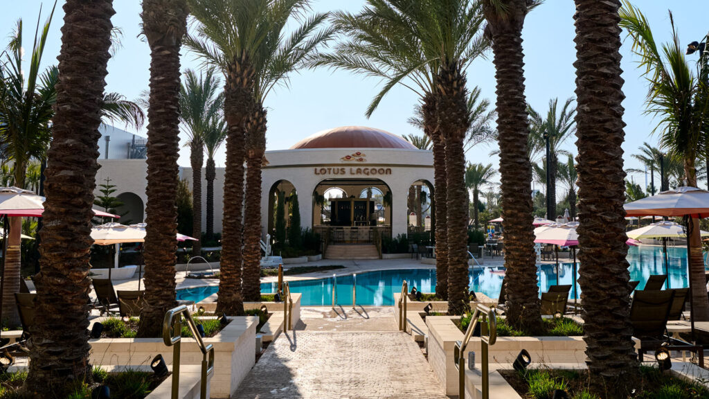 The Lotus Lagoon at Helios features palm trees, umbrellas, loungers and more: the open pool is welcoming for all.