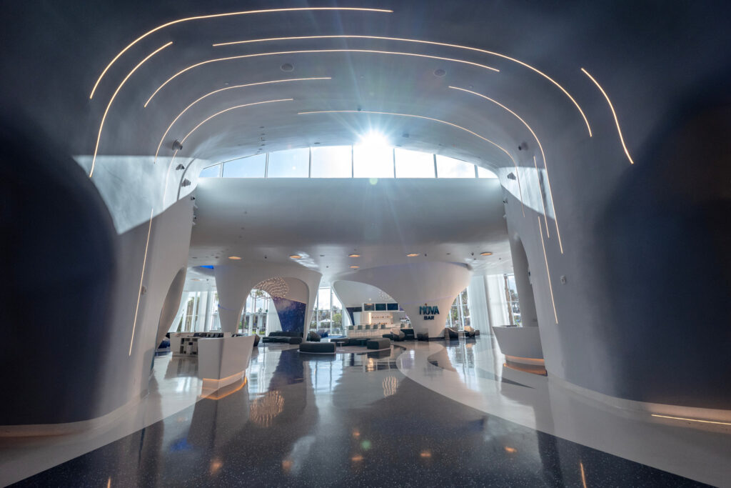 The lobby of Stella Novel is a vital part to The Epic Universe's Hotels, as the space theme sets the clean tone.