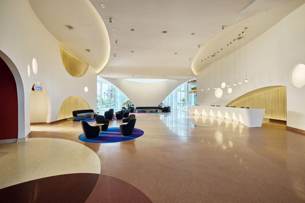 The open space lobby of Terra Luna is bright and white and welcoming: verb spacey!