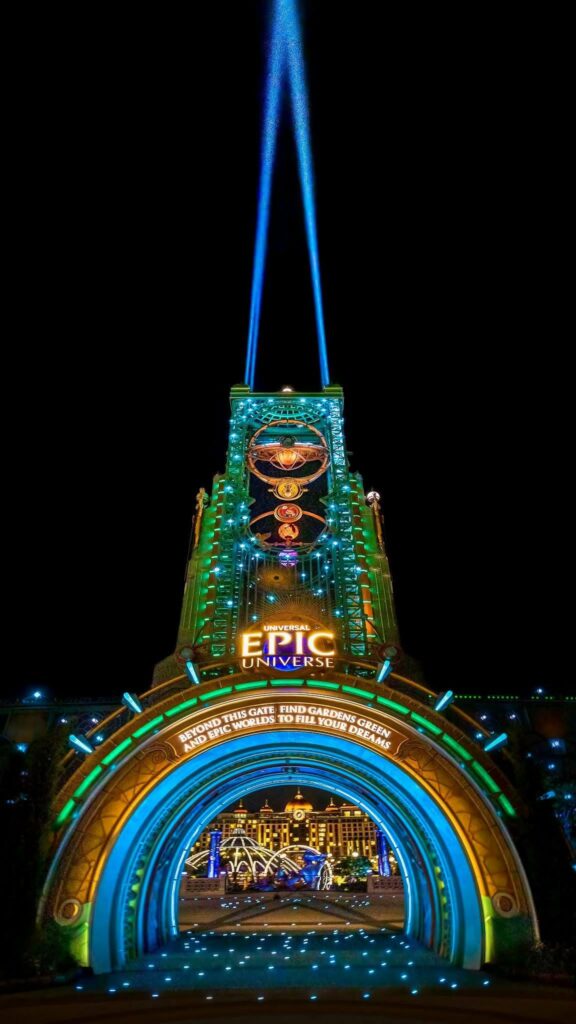 The epic portal at night lights up in different hues: beyond this gate is a place to truly fill your dreams.