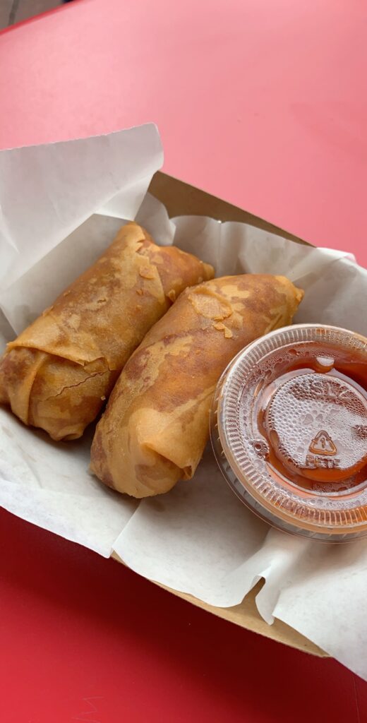 two fried spring rolls with cup of marinara in a tray