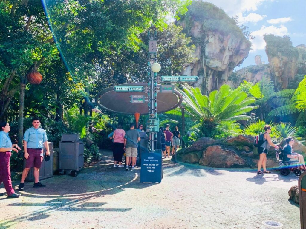 greenery and trees with people standing underneath and near a metal sign 